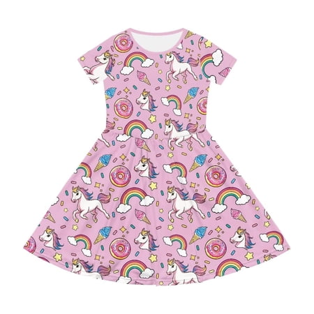 Toddler Cute Dresses for Girls Cartoon Print Short Sleeve for Playful And Comfortable Daily Wear Outfit Going Out Dress Size 4-5T
