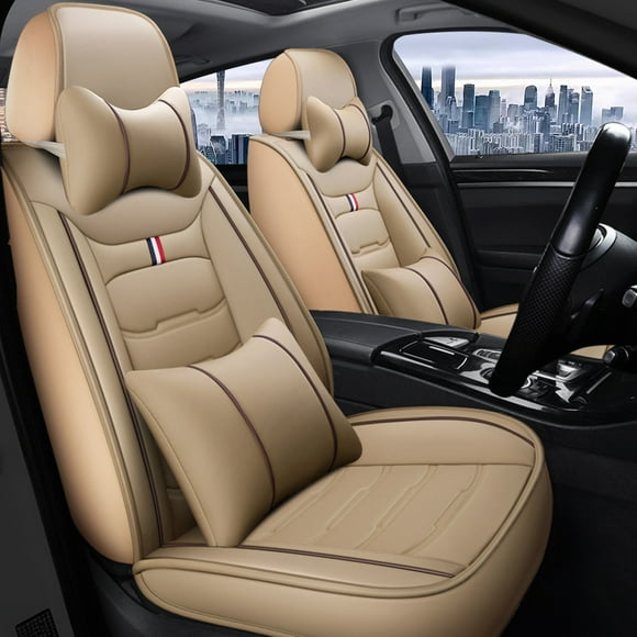 Leadwolf Car Seat Covers for Dodge for RAM 2019-Present 5 Seats Compatible Airbag Leather Waterproof Front Rear Cushion Protector Full Set with Pillow Beige