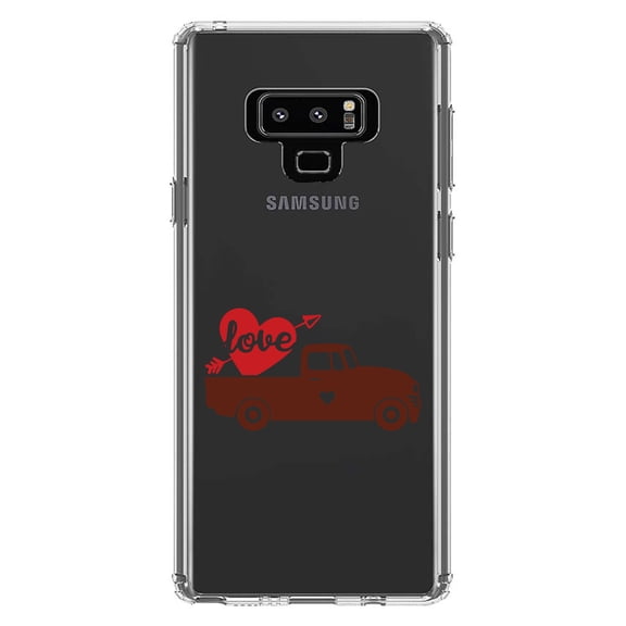 DistinctInk Clear Shockproof Hybrid Case for Samsung Galaxy Note 9 - TPU Bumper Acrylic Back Tempered Glass Screen Protector - Valentine Truck Red Love Heart Arrow