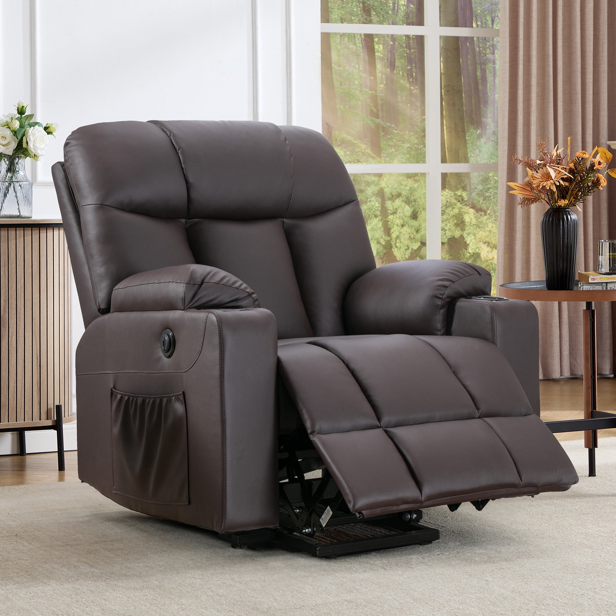 Bonzy Home Electric Recliner Living Room Heated Massage Lift Chair Recliner with Cup Holder and USB, Brown