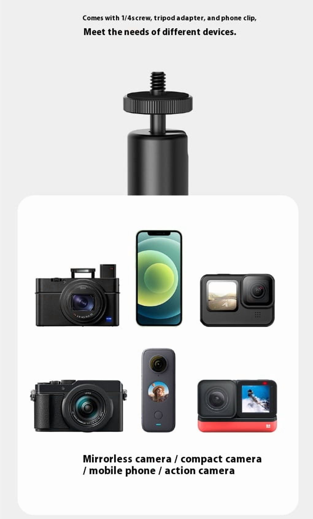 Aluminum Alloy Travel Tripod Stick - Bigcan Extendable Selfie Stand with Phone Mount and 1/4 Screw Adapter for Camera Action Cam Vlog Recording