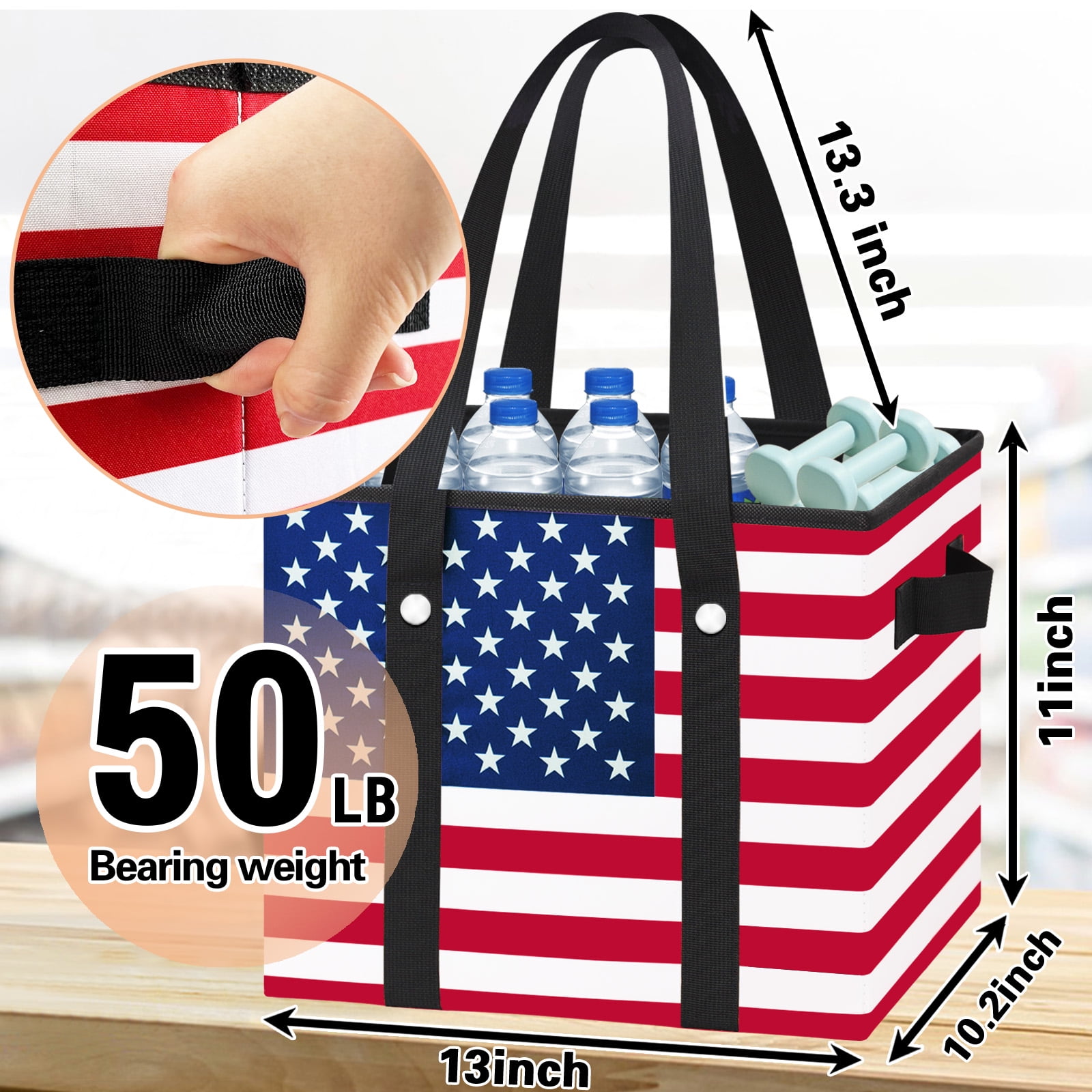 Reusable Grocery Bags (3 Pack) – Heavy Duty Reusable Shopping Bags with Box Shape to Stand Up, Stay Open, Fold Flat – Large Tote Bags are Foldable with Long Handles & Hard Bottom