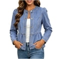 thumbnail image 4 of Iyufng Women's Round Neck Long Sleeve Denim Jackets Single Breasted Peplum Hem Casual Short Outerwear, 4 of 9