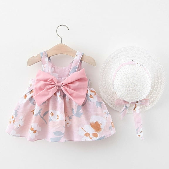 LoyisViDion Baby Girls Dress Clearance Toddler Kids Baby Girl Summer Bow Print Suspender Dress with Hat Pink 3-4years