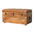 thumbnail image 4 of Solid Wood Buffalo Hide Oak-ish Storage Trunk, Leather Upholstered, Brown and Tan, 4 of 11