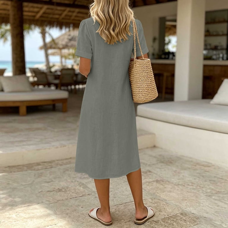 Women's Cotton Linen Blend Midi Dress Collared Short Sleeve Solid Color Loose Casual Tiered Dress for Summer Daily Wear Light Blue XL(XL)