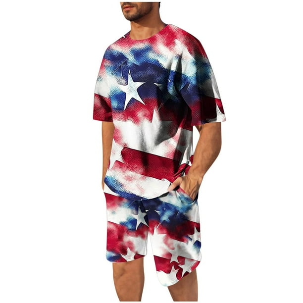 Mens Pantalones Casuales Cuello Redondo Impresión de Manga Corta Blusa Y Pantalones Cortos Traje, Pantalones de Traje para Hombres
