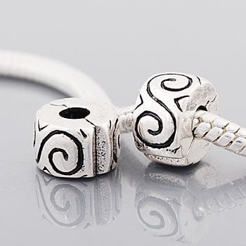 - (2) Antique Silver Tone Swirls Clip Lock Stopper Bead Charms. Compatible With Troll, Biagi, Zable, Chamilia Charm Bracelets.