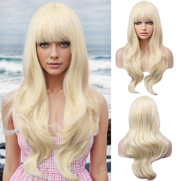 BERON Peluca Rubia Peluca Larga Ondulada con Flequillo Peluca sintética Peluca Larga Pelucas Rubias para Fiesta de Disfraces de Cosplay con Gorro de Peluca