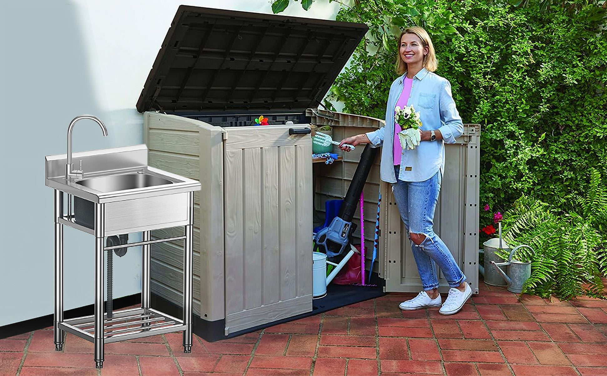 AiYchen Utility Sink, Stainless Steel Sink, Single Bowl Freestanding Sink Kitchen Sinks with Hot & Cold Hoses Outdoor Sink for Laundry Garden Garage Commercial Restaurant