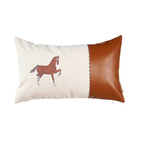 Boho Embroidered Horse Handmade Single Throw Pillow 12" x 20" Vegan Faux Leather Solid Beige & Brown Lumbar