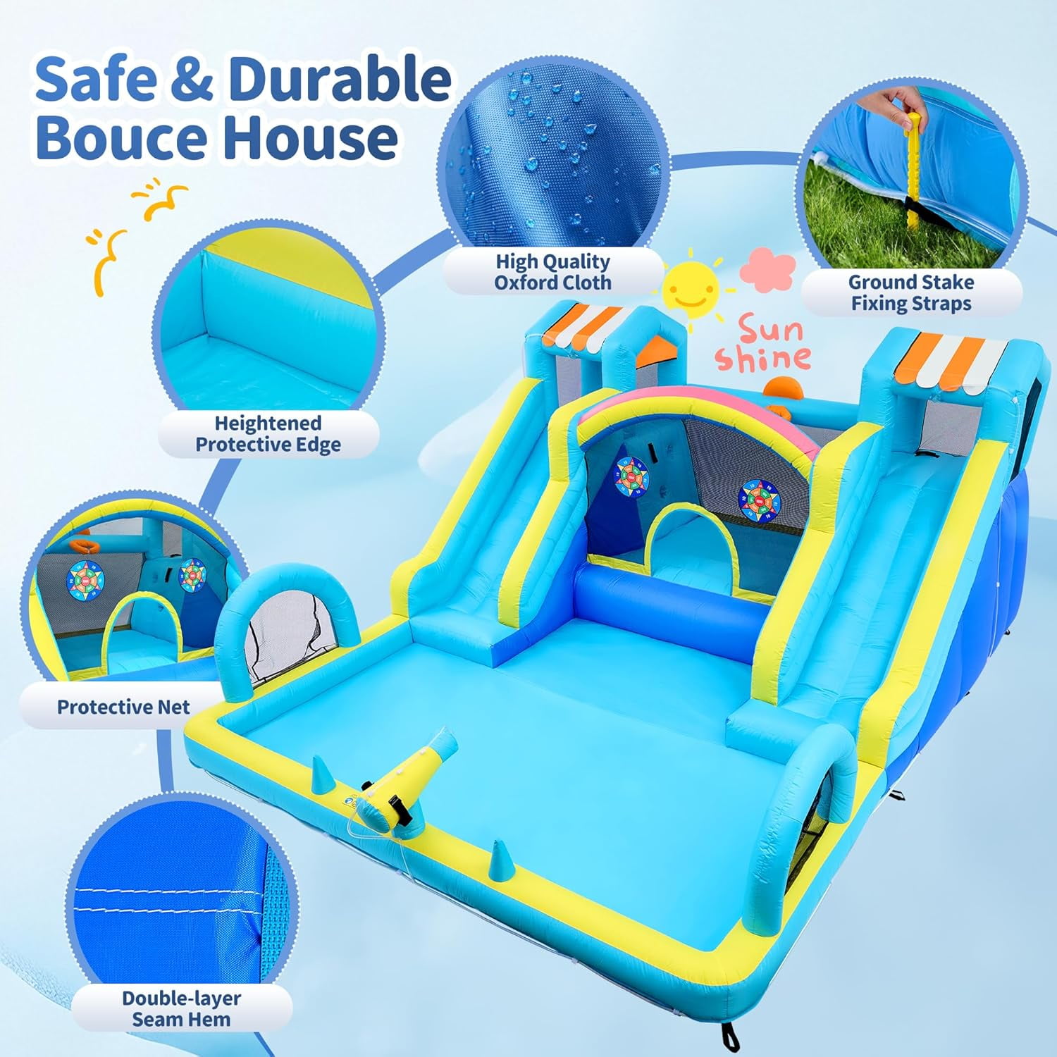 CazToi Inflatable Bounce House with Double Water Slide Oxford Fabric Blower Included Backyard Party