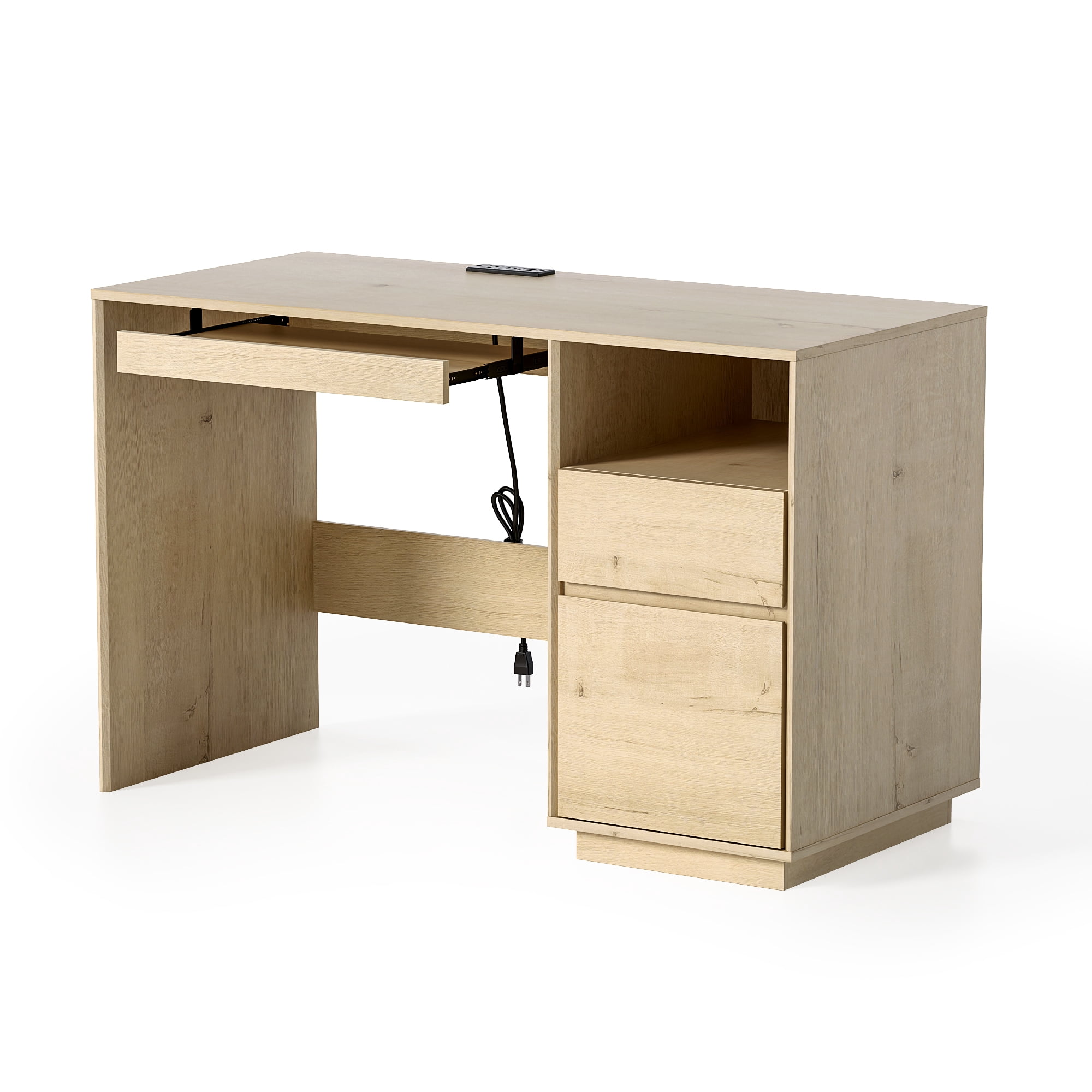 EYYTHUNG 47" Office Desk, Farmhouse Executive Desk with File Drawer & Outlet, Wood Computer Desks with Keyboard Tray, Light Oak
