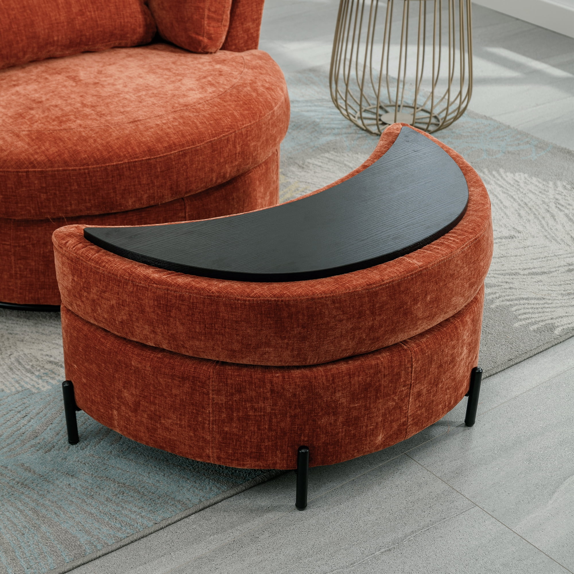 Aukfa 33" Storage Ottoman, Convertible Bench, Side Table for Living Room, Half Moon Shape, Red