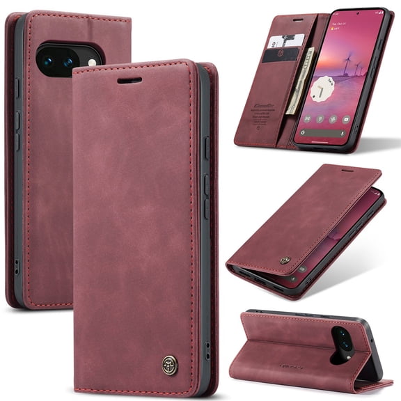 CaseMe Leather for Google Pixel 10A Case, Flip Wallet Leather Case with Card Holder Magnetic Closure Shockproof Kickstand Protective Phone Cases Cover,Wine Red,For Google Pixel 10A