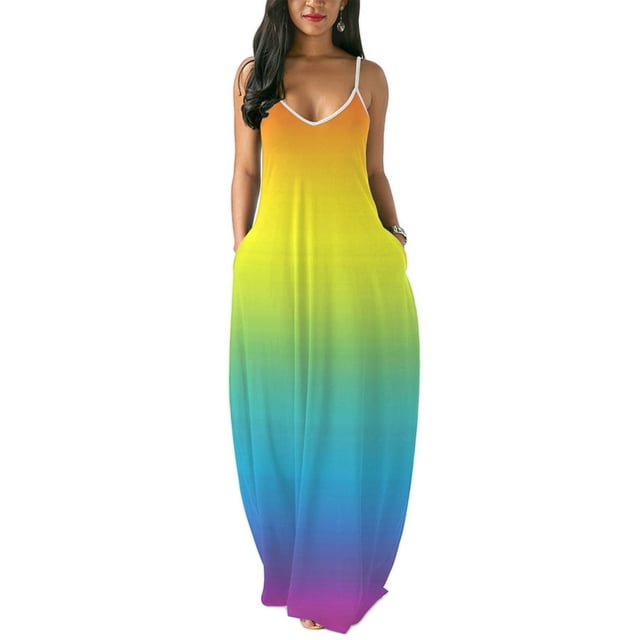 Diconna Female Rainbow Striped V-Neck Sleeveless Spaghetti Strap One-Piece
