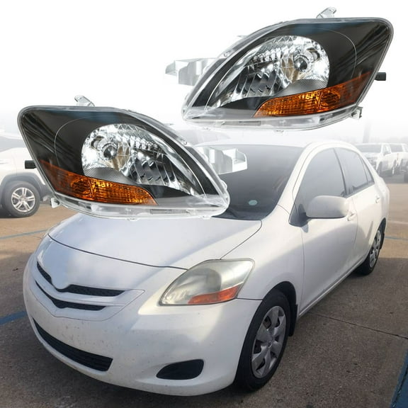 EPOTOOR For 2007-2012 Toyota Yaris Headlight Left Right Pair Set Headlamp Black Housing