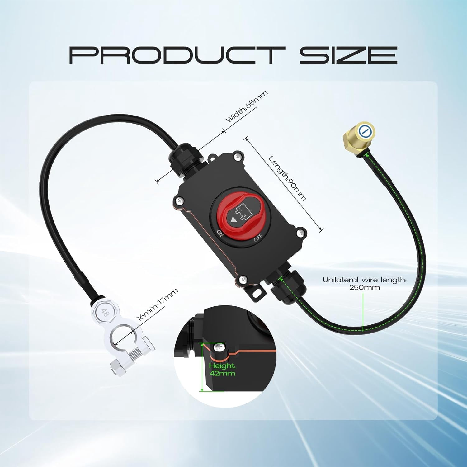 Top Post Battery Disconnect Switch, Waterproof Battery Cut Off Switch with Wire 12-48V Heavy Duty for Car RV Boat and Vehicle(On/Off)