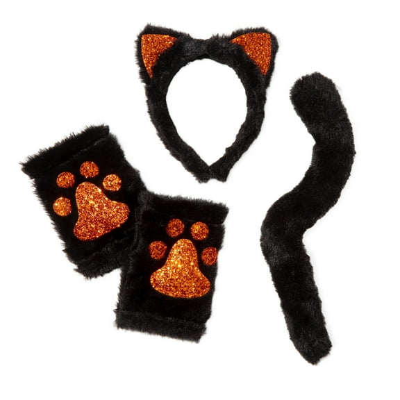 Claire's Classic Faux Fur Cat Dress Up Set with Tail, Wrist Cuffs, and Headband, Orange Glitter, 4-Pieces