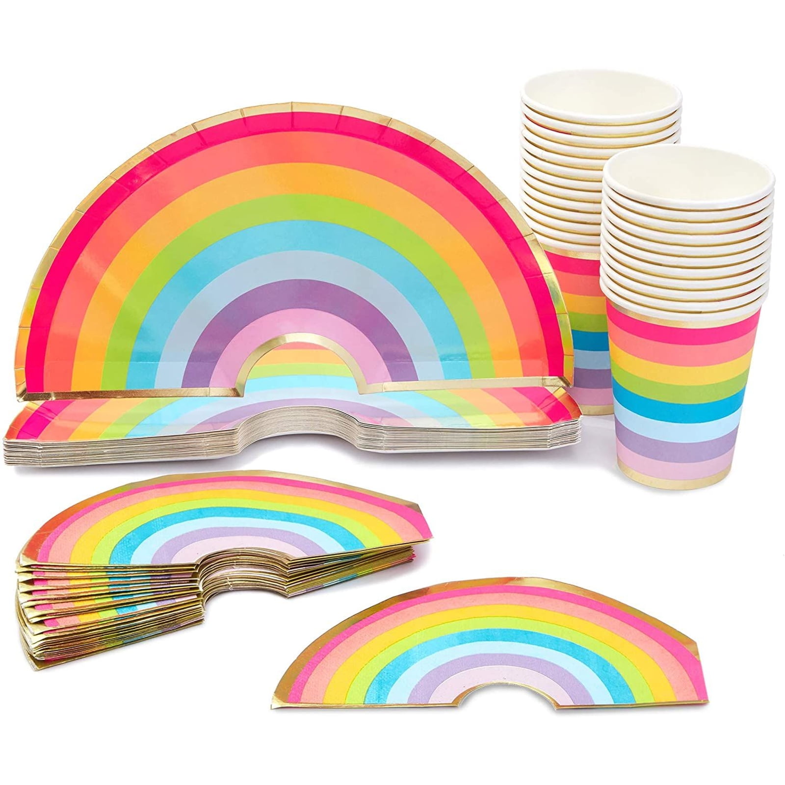 72 Piece Disposable Dinnerware Set with Cups, Plates, Napkins for Rainbow Theme Birthday Party Decorations (Serves 24)