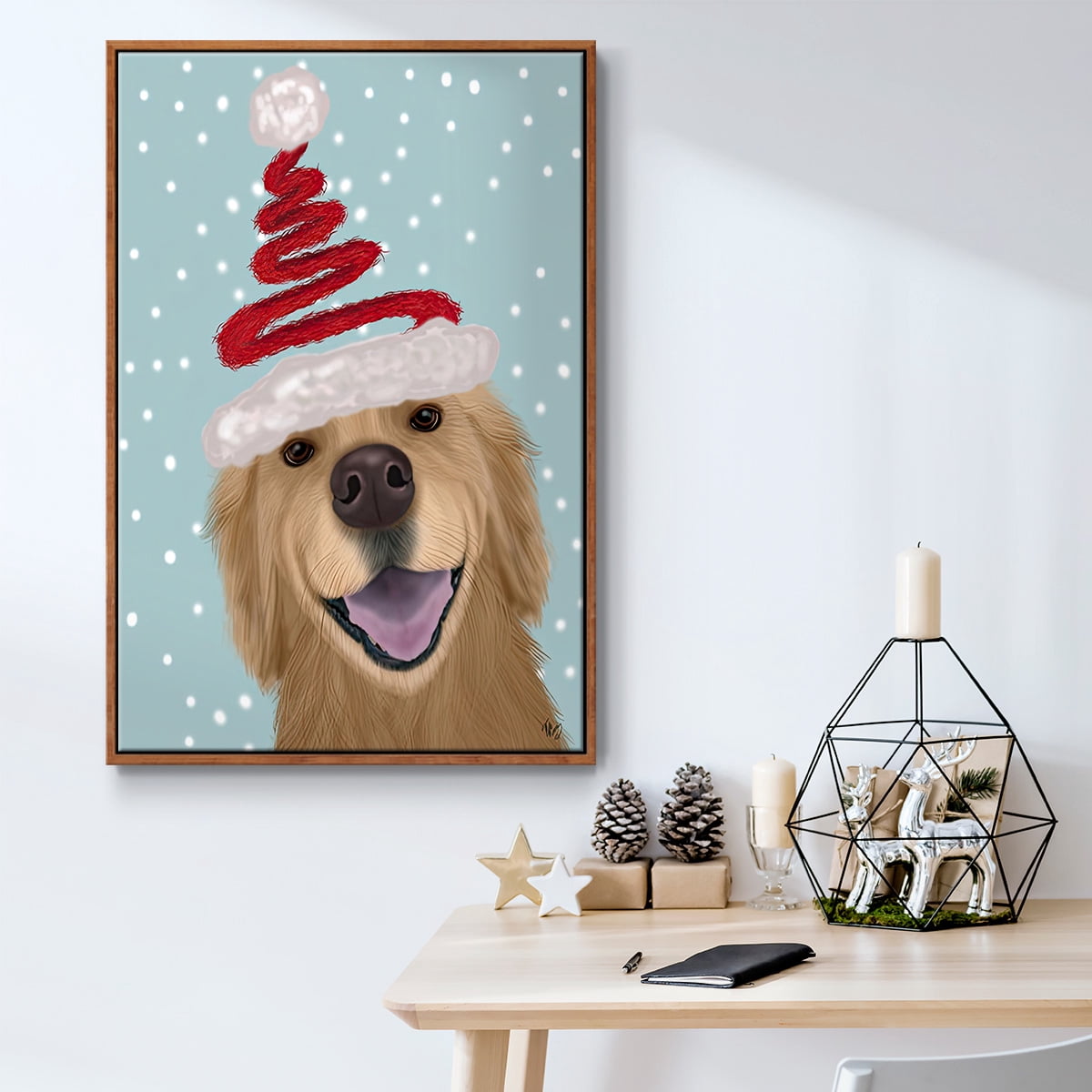 Christmas Golden Retriever and Spring Santa Hat - Framed Gallery Wrapped Holiday Canvas - 25 x 37 - Rosewood Frame