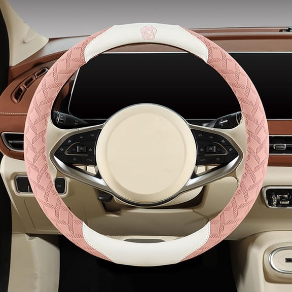 Elastic Microfiber Steering Wheel Covers for Women Universal Fit 15 Inch Car Cute Camellia Flower Anti-Slip Breathable Absorbing Sweat Cover (Pink)