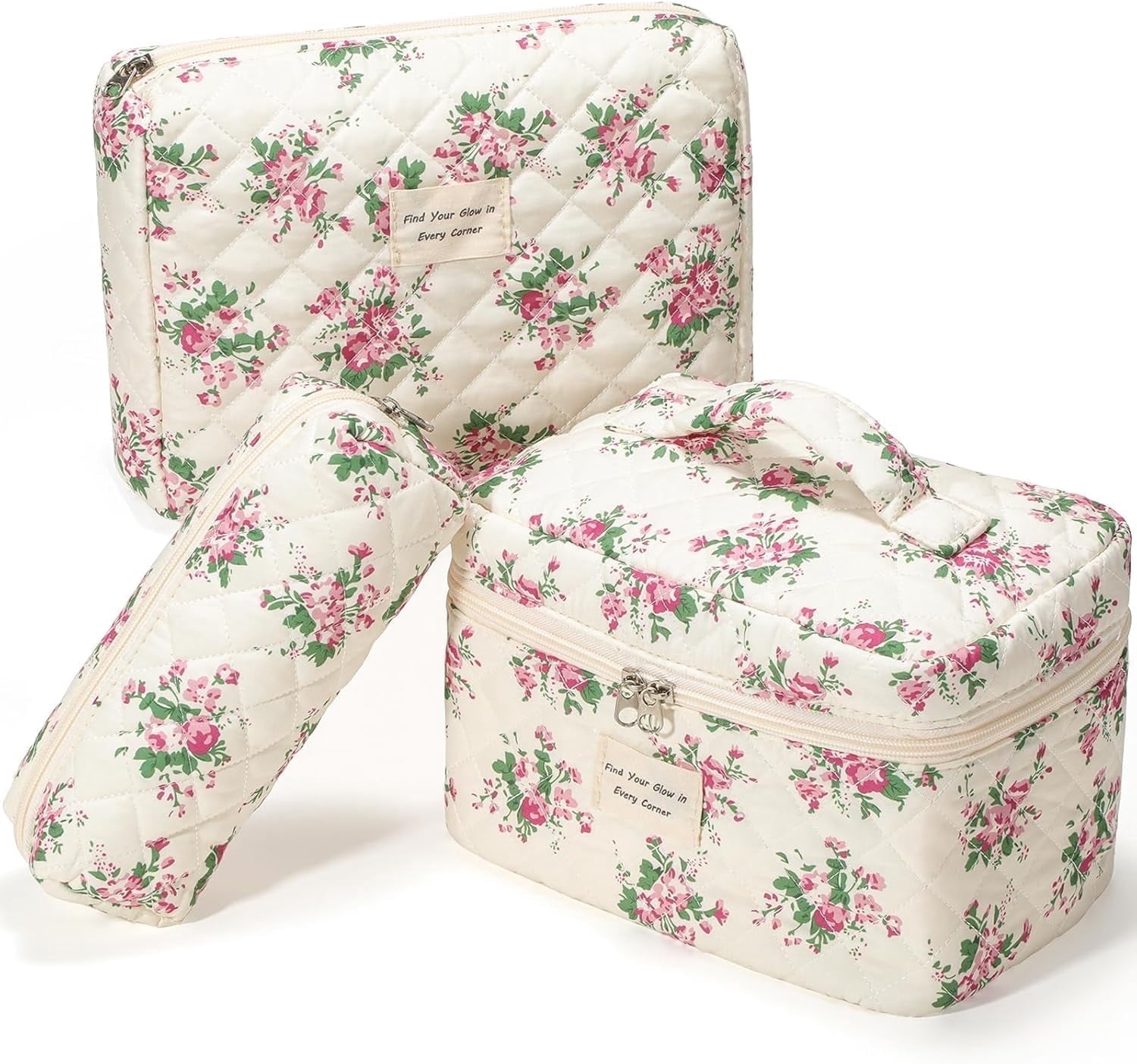 Delamu 3-Piece Quilted Floral Makeup Bag Set photo 1