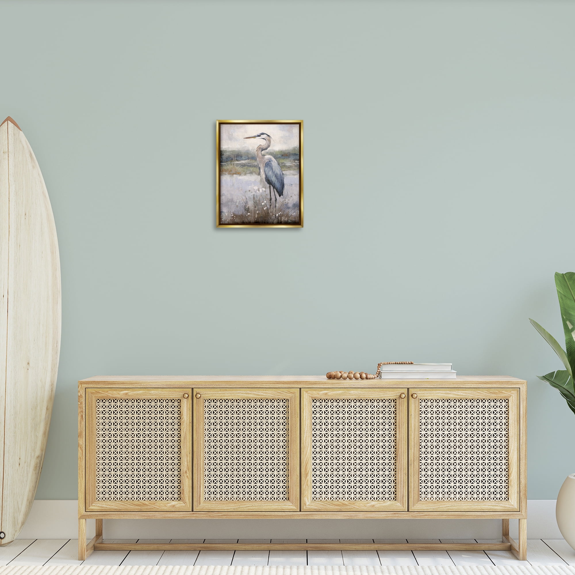 Stupell Industries Coastal Heron on Riverbank Landscape & Nature Painting Gold Floater Framed Canvas Art Print Wall Art, 17 x 21