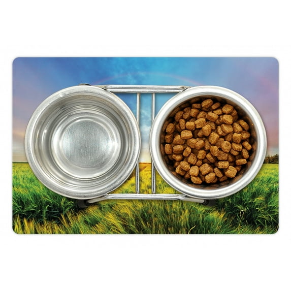 Rustic Pet Mat for Food and Water, Rainbow in Sky over Wheat Field at Sunset Natural Paradise Rural Life Illustration, Non-Slip Rubber Mat for Dogs and Cats, 18" X 12", by Ambesonne