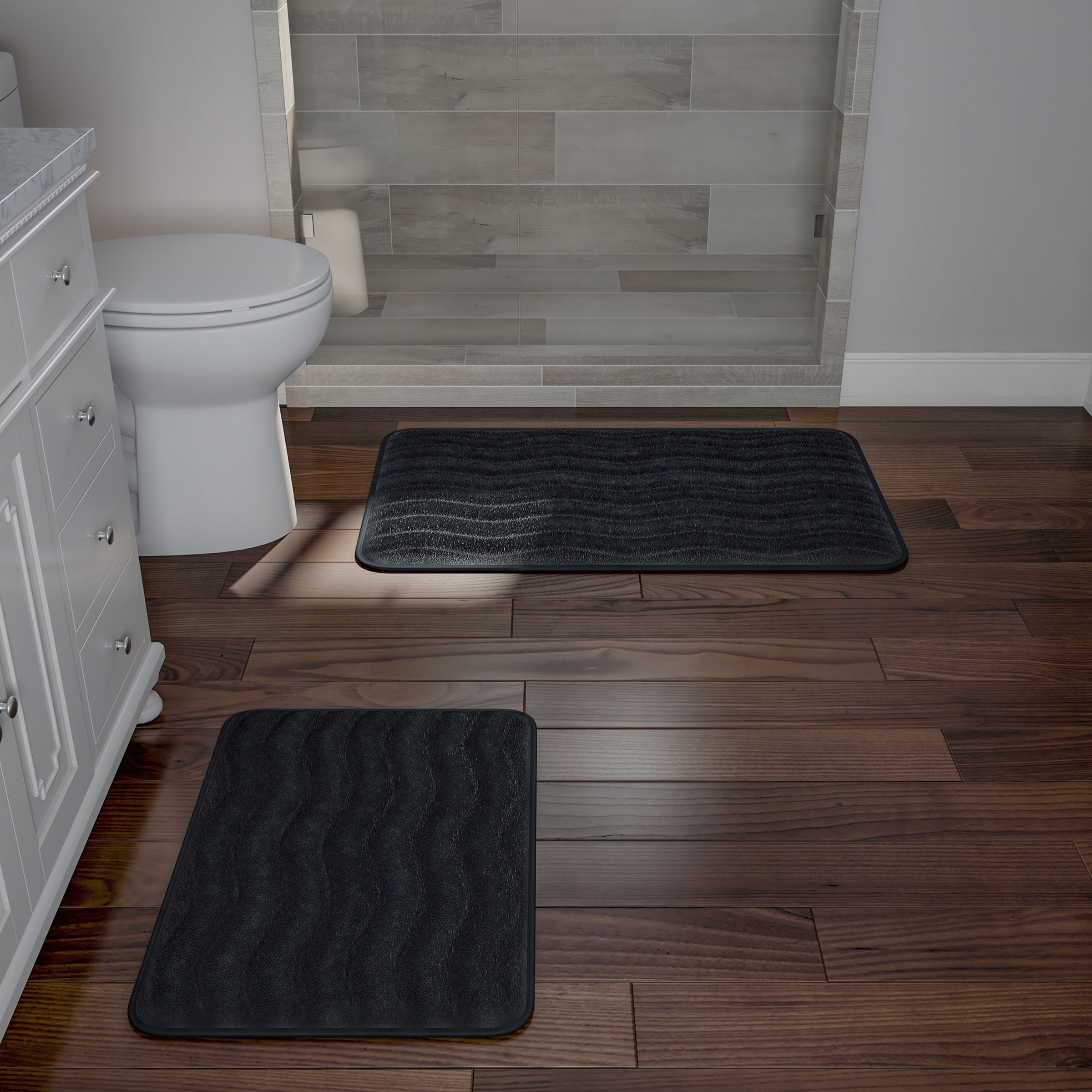Lavish Home Set of 2 Bathroom Rugs – Non-Slip Memory Foam Bath Mats, Black