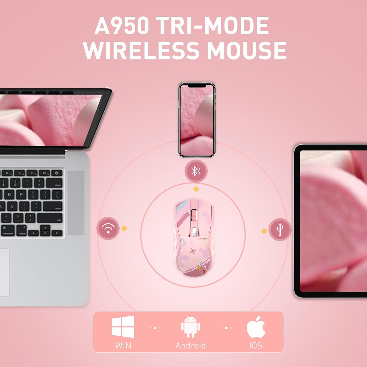 DAREU A950 Wireless Gaming Mouse with RGB Charging Dock,88g Lightweight Programmable Tri-Mode Wireless Mouse Gaming, Up to 12K DPI,1000Hz,120Hrs Playtime with RGB Backlit, Great for PC, Mac