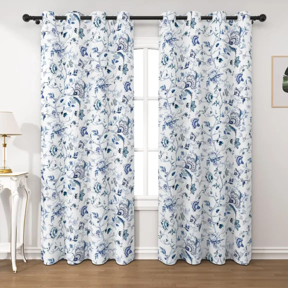 Lfeey Blue Floral Blackout Curtains for Bedroom, Thermal Insulated Grommet Window Drapes, Bird and Flower, 42x63 inch, 2 Panels