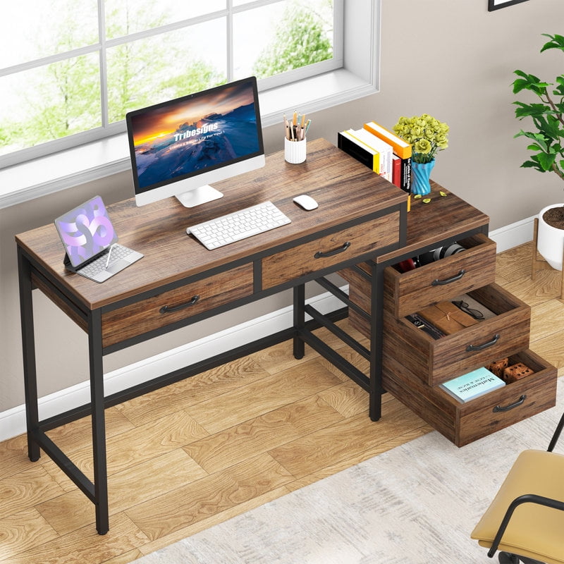 Tribesigns Computer Desk with 5 Drawers, Home Office Desks with Reversible Drawer Cabinet Printer Stand, Industrial PC Desk with Storage, Rustic Study Writing Table Workstation for Small Spaces