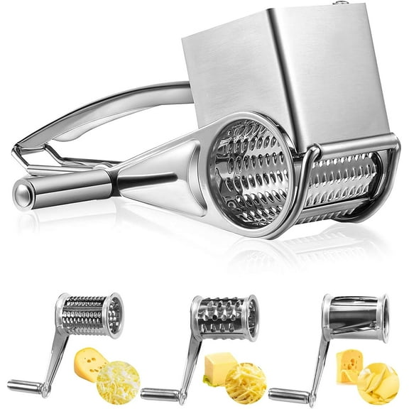 Rotary Cheese Grater, Handheld Cheese Graters with 3 Replaceable Stainless Steel Drum Blades, Hand Crank Cheese Grater for Cheese Veggie Fruits