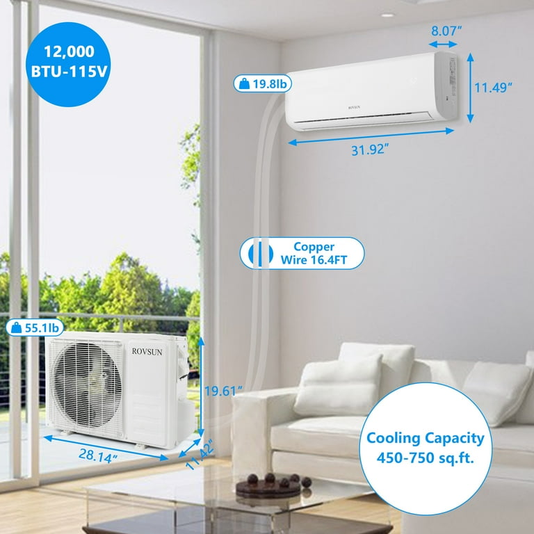 ROVSUN Wifi Enabled 12,000 BTU Mini Split AC/Heating System with Inverter,  19 SEER 115V Energy Saving Ductless Split-System Air Conditioner with  Pre-Charged Condenser, Heat Pump u0026 Installation Kit - Walmart.com