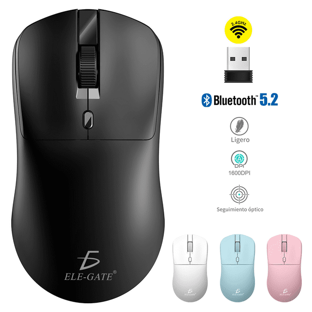 Mouse Inalámbrico Bluetooth 5.2 + 2.4G Óptico 1600 DPI Negro ELE-GATE Ligero Ergonómico
