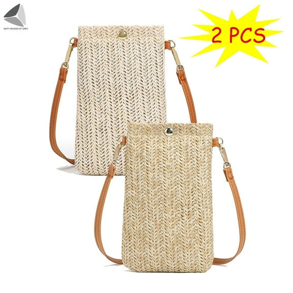 PULLIMORE 2 Pcs Women Straw Phone Purse Handmade Woven Crossbody Shoulder Bag Messenger Bags (2 Colors)