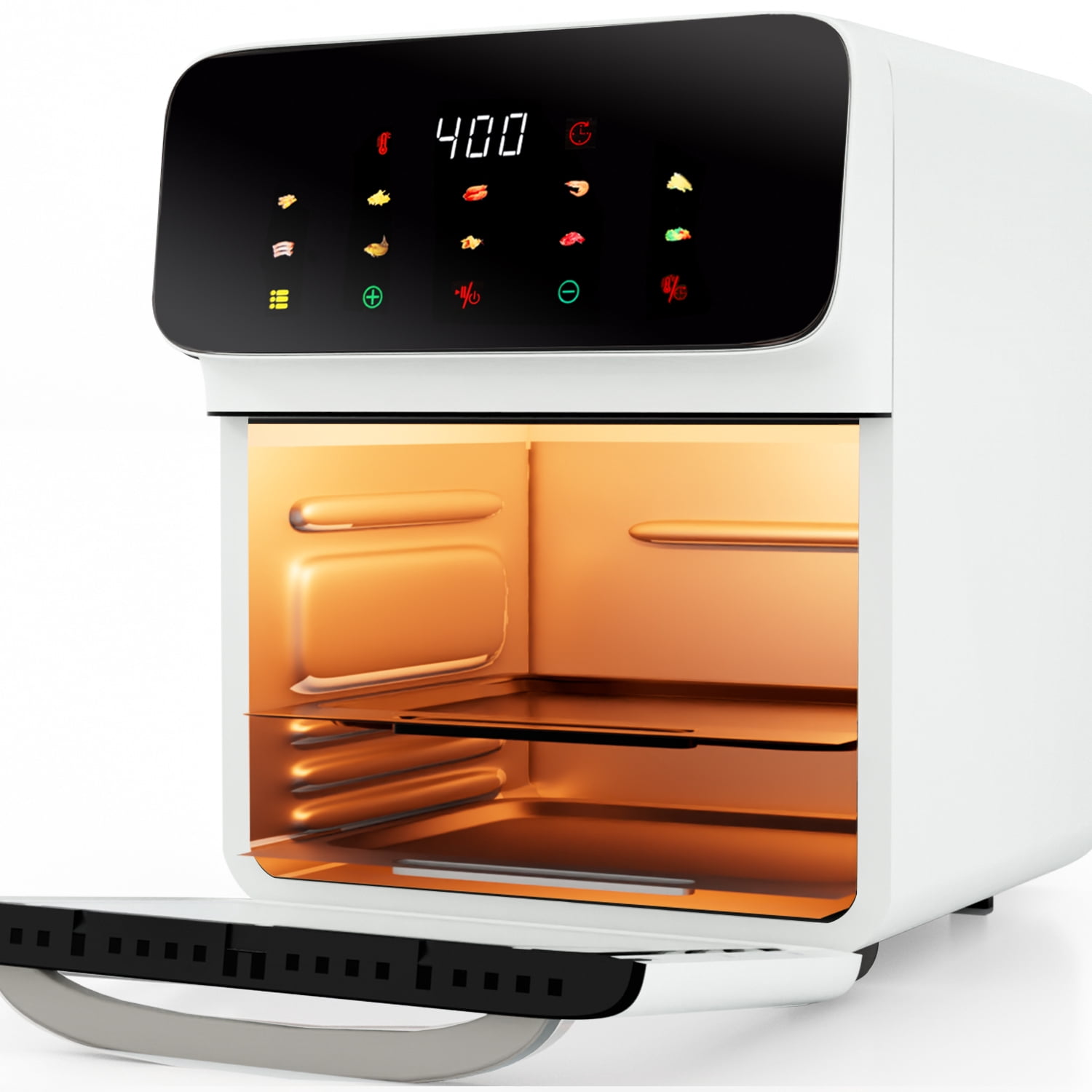Bluebow Air Fryer 12QT Convection Oven with 10-in-1 Multi Function, Visible Window and Touchscreen, White