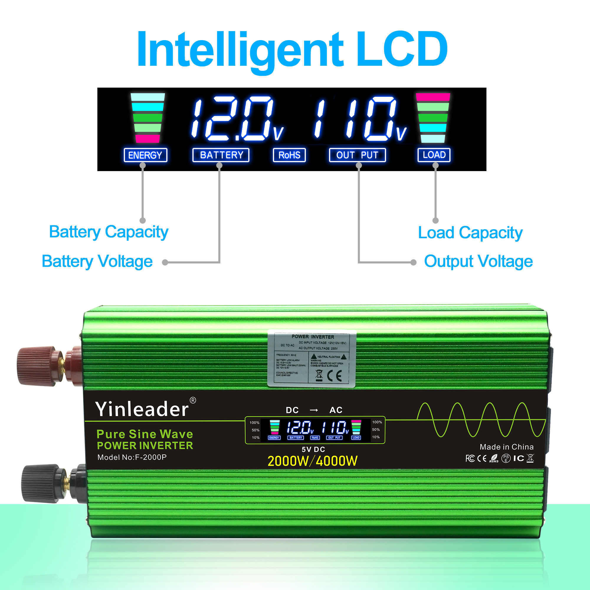 Yinleader 2000 Watt Pure Sine Wave Power Inverter 12V to 110V DC to AC with Remote Control LCD Display 4 Sockets 4 USB