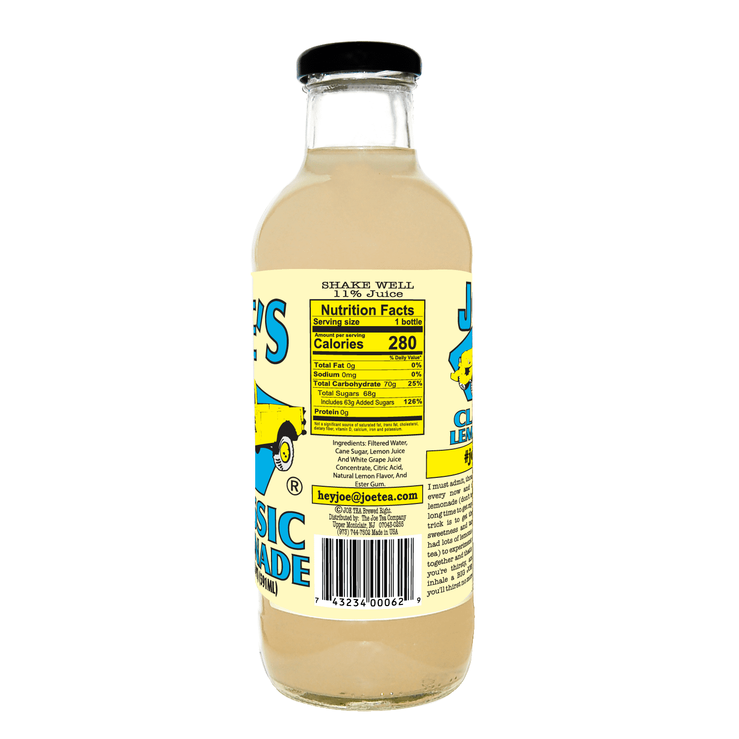 Joe Tea Classic Lemonade 20 fl oz Glass Bottle with Smooth Texture