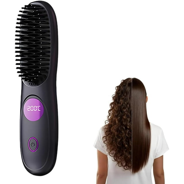 Go Brush Pro, Cordless Hair Straightener Brush, Portable Mini Hair Straightening Brush with 3 Temperature Settings & LED Display, USB Rechargeable Fast Heating Hairs Brush for Travel (Black)