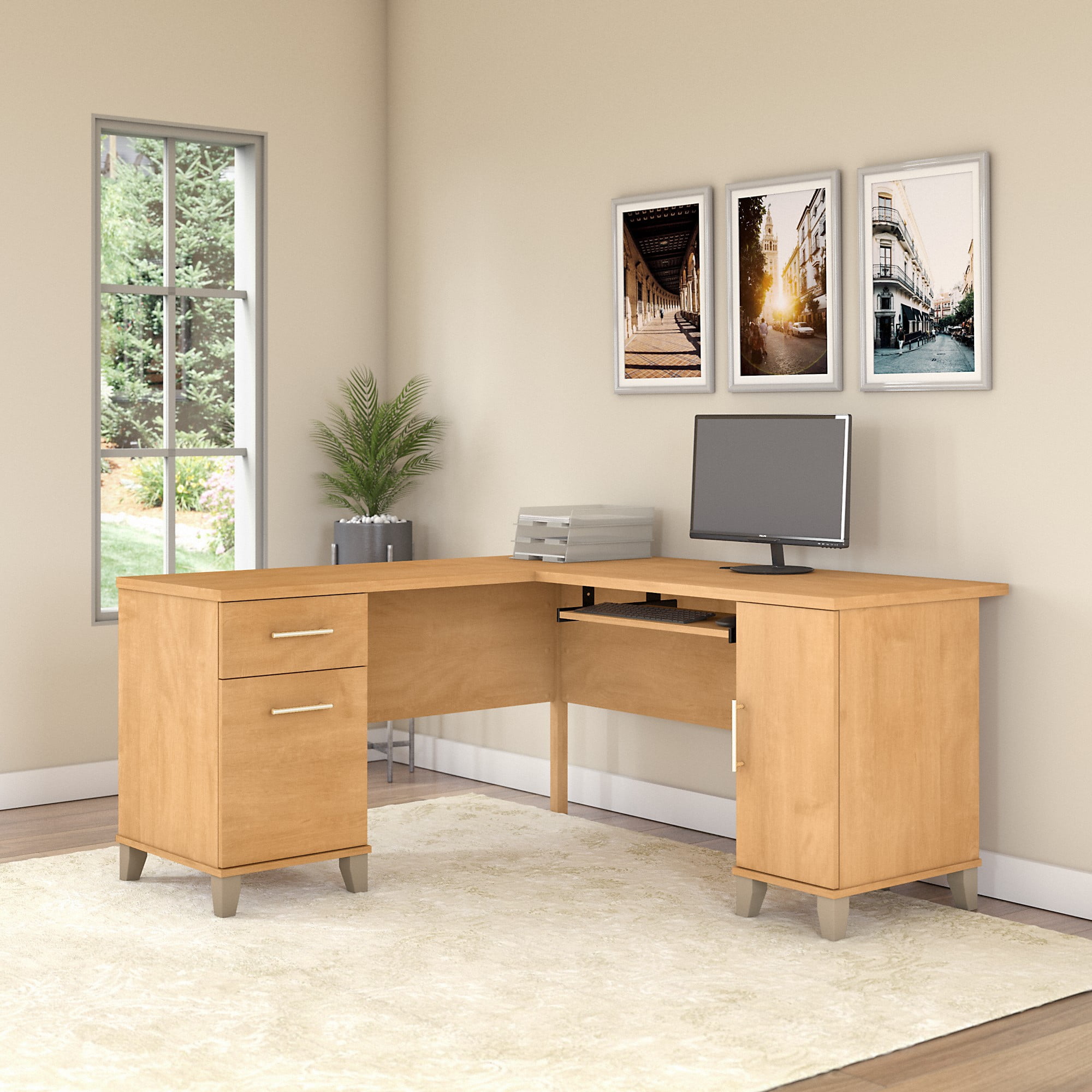Bush Furniture Somerset 60" L Shaped Desk with Storage, Maple Cross