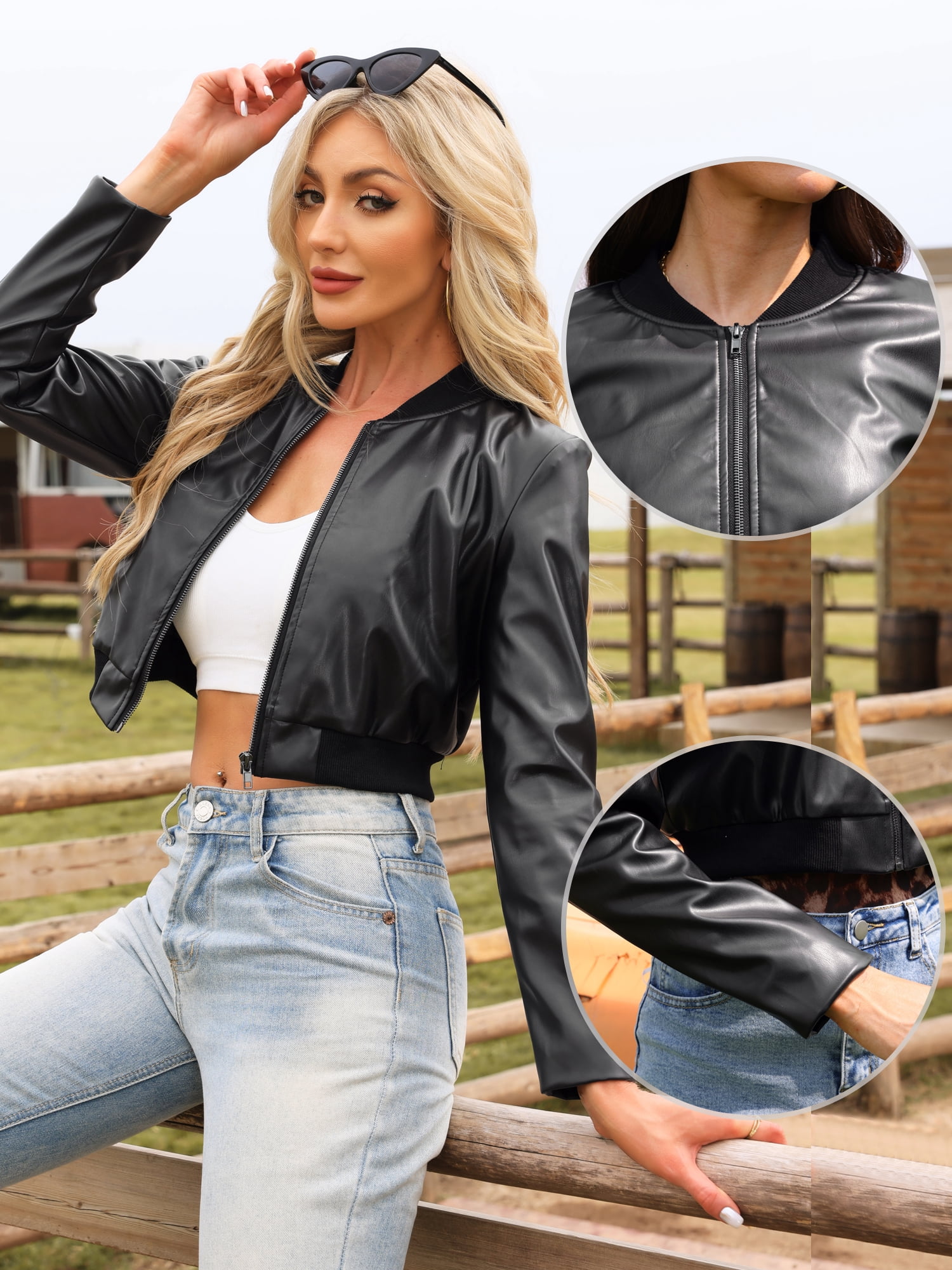 DARING DIVA Women's Faux Leather Bomber Zip Up PU Moto Biker Cropped Jacket S Black