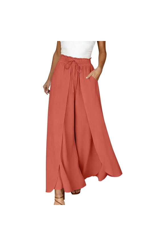 Women's Summer Boho Split Long Pants, Wide Leg Pants Skirt Elastic Waist Full Length Casual Trousers Orange M