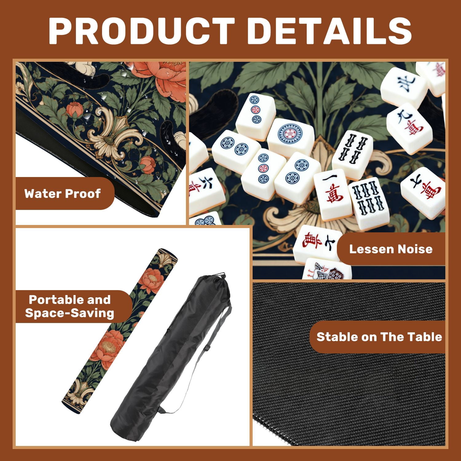 Mahjong Mat 31.5" x 31.5" Whimsical Cat Floral Art Nouveau Style Non-Slip Noise Reduction Mahjong Tiles Table Cover for Dominoes Poker Card Board and Tile Games