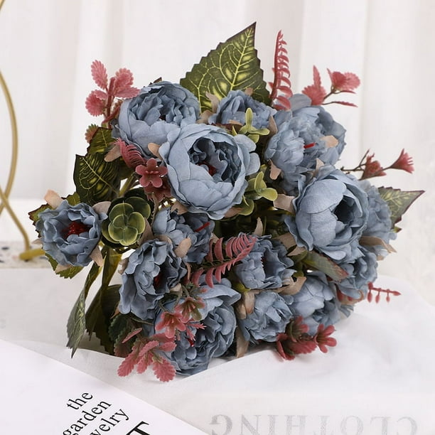 Nvzi 3 paquetes de flores artificiales Penoy, flores de imitación, ramo de hortensias de seda, boda vintage (azul)