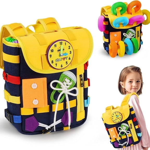 Busy Board Toddlers Travel Backpack - Learning Activities for Kids to Develop Fine Motor Skills and Basic Life Skills - Montessori Sensory Toys