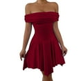 thumbnail image 1 of Women'S Off the Shoulder Mini Dress Ruffle Hem Ruched Corset Short Cocktail Party Dresses Wine Red XS, 1 of 10