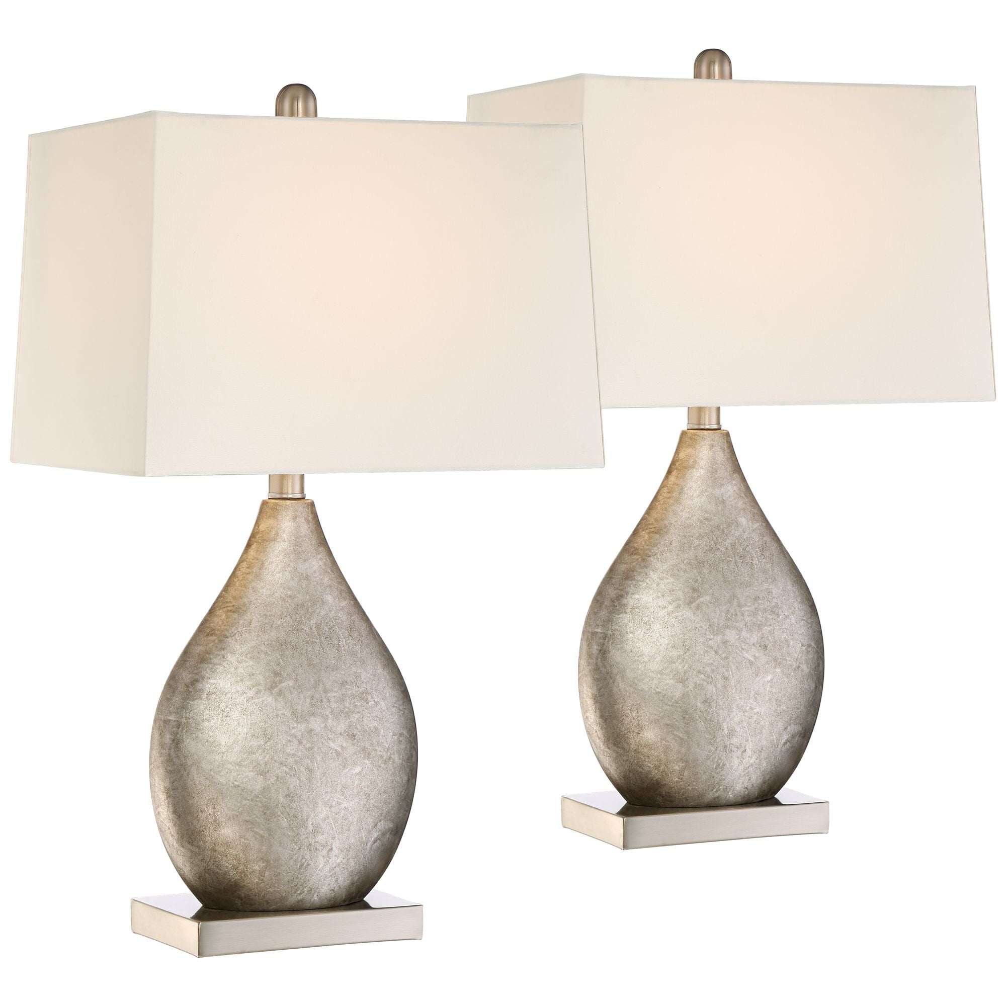360 Lighting Modern Table Lamps Set Of 2 Silver Metal Teardrop Off White Rectangular Shade For Living Room Family Bedroom Bedside