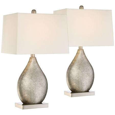 360 Lighting Modern Table Lamps Set of 2 Silver Metal Teardrop Off White Rectangular Shade for Living Room Family Bedroom (Best Drapes For Living Room)